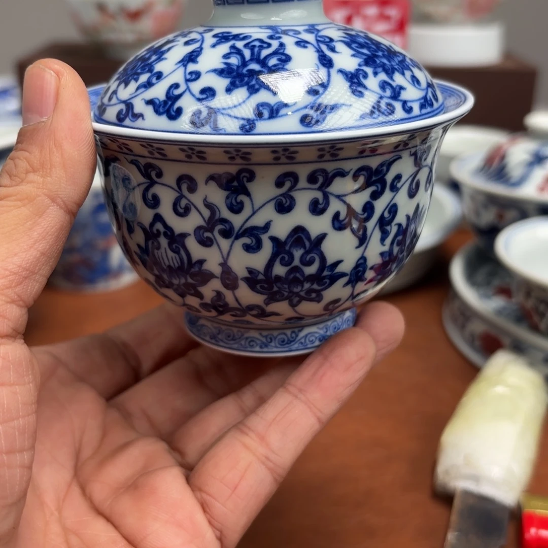 摆件陶微瑕缠枝莲青花盖碗景德镇发货