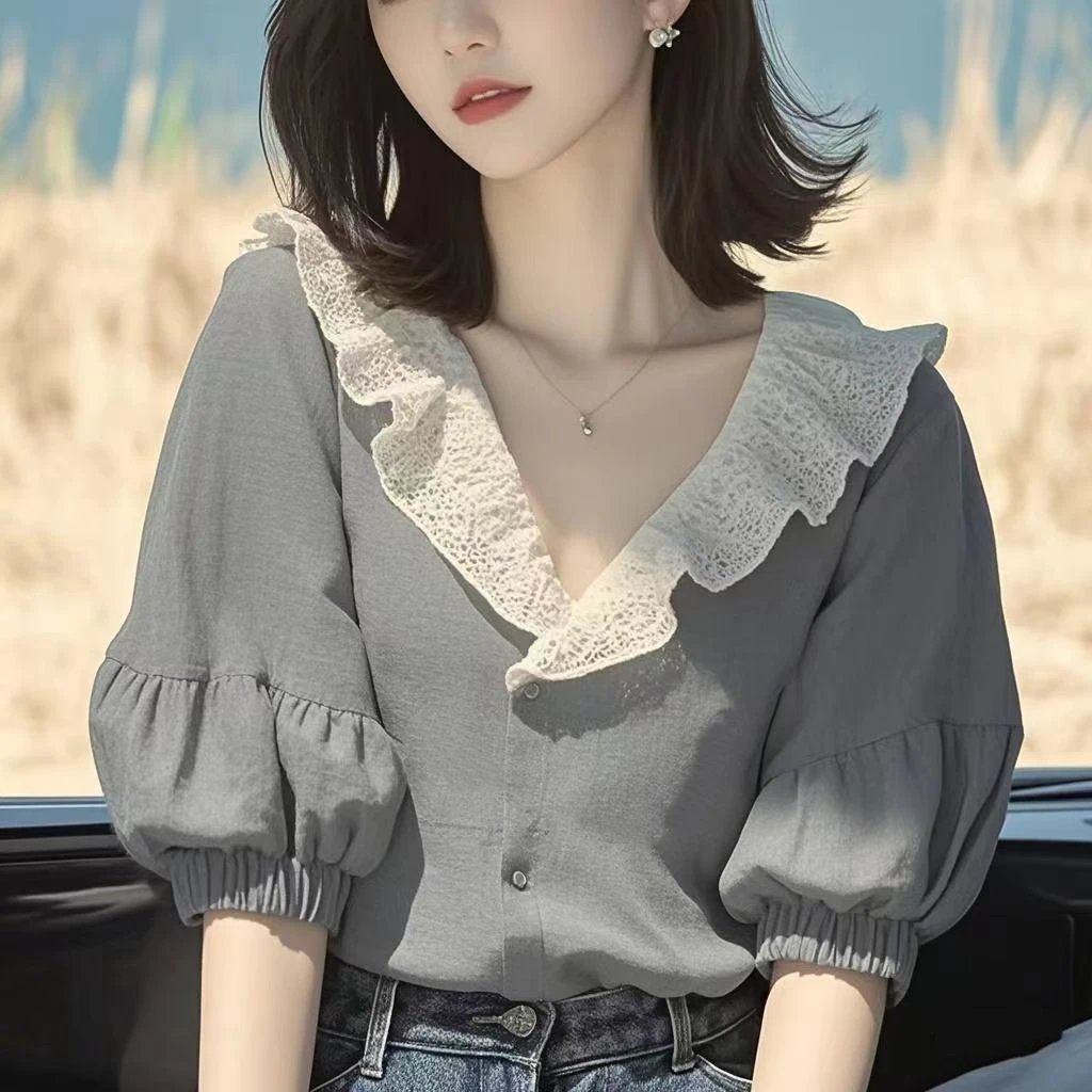 品质女装泡泡袖衬衫女2025新款夏季宽松v领雪纺衫高级感独特荷叶