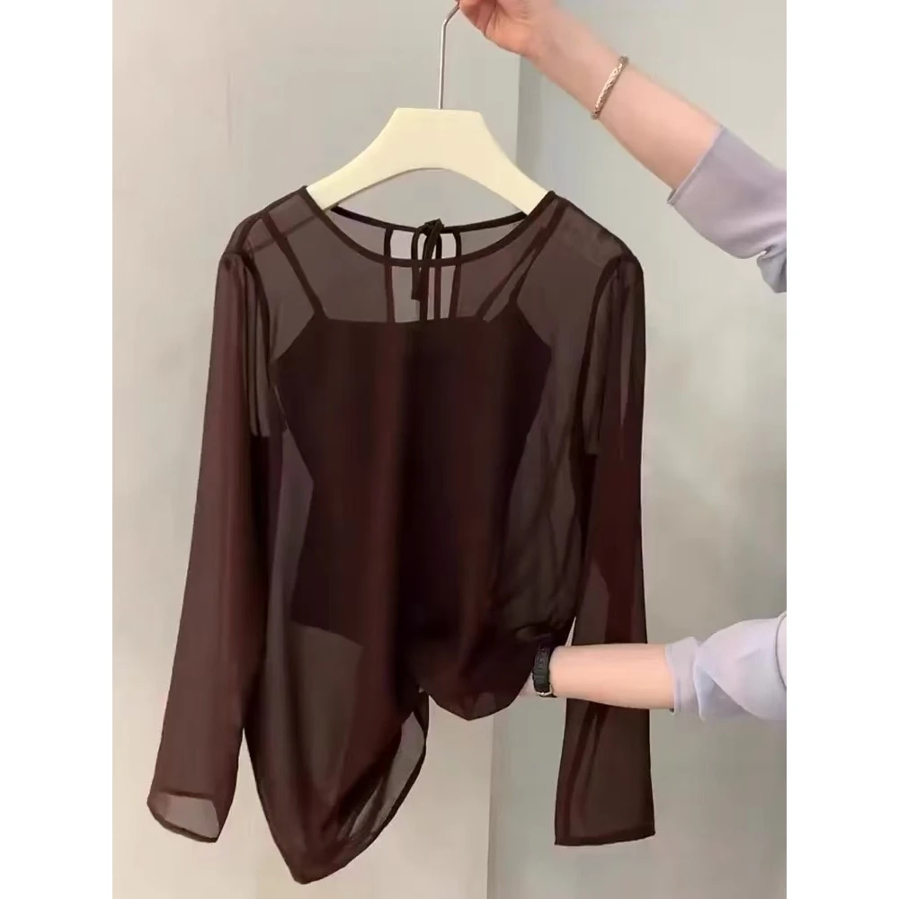 可遇不可求！欧货时尚别致超好看防嗮咖色T恤吊带背心两件套女夏季