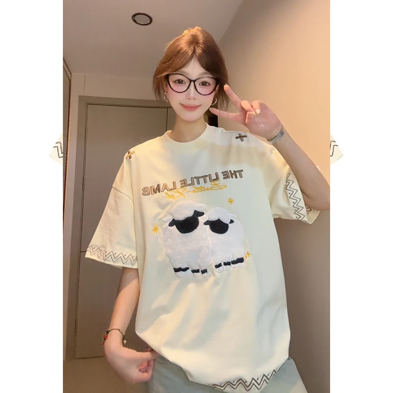 美式复古趣味小羊刺绣短袖T恤夏季慵懒感宽松百搭情侣半袖上衣ins