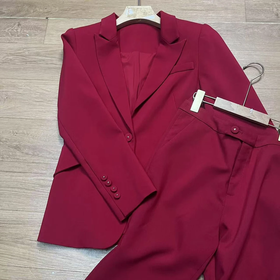红色西装套装女气质通勤职业装喇叭裤西服两件套 LTA077