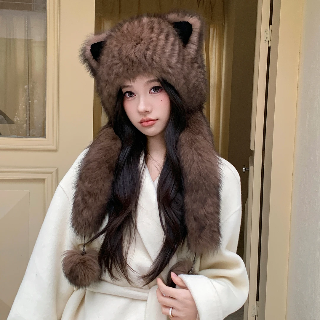 高级感咖色系狐狸毛小熊围巾帽子一体风雪帽冬季保暖护耳可爱女帽