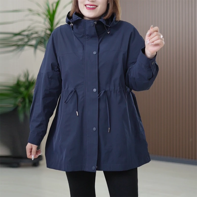 收腰速干风衣外套连帽抽绳中长户外时尚显瘦大码秋季工装冲锋衣女