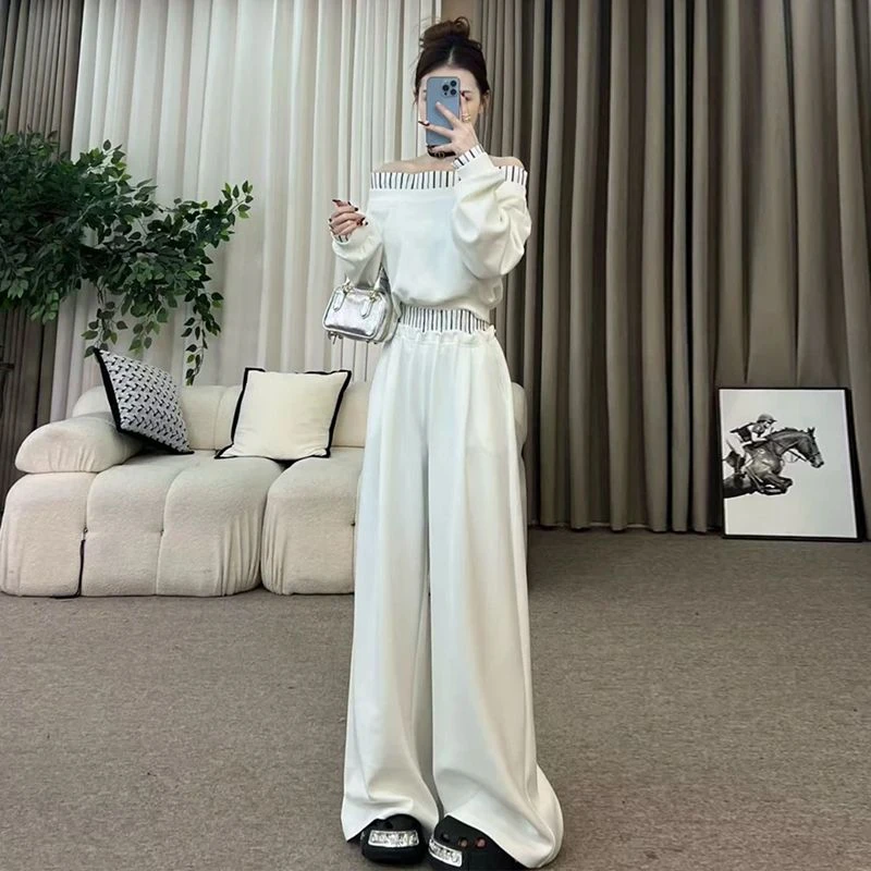 一字肩卫衣套装女春秋2025新款韩版气质高腰宽松休闲阔脚裤两件套