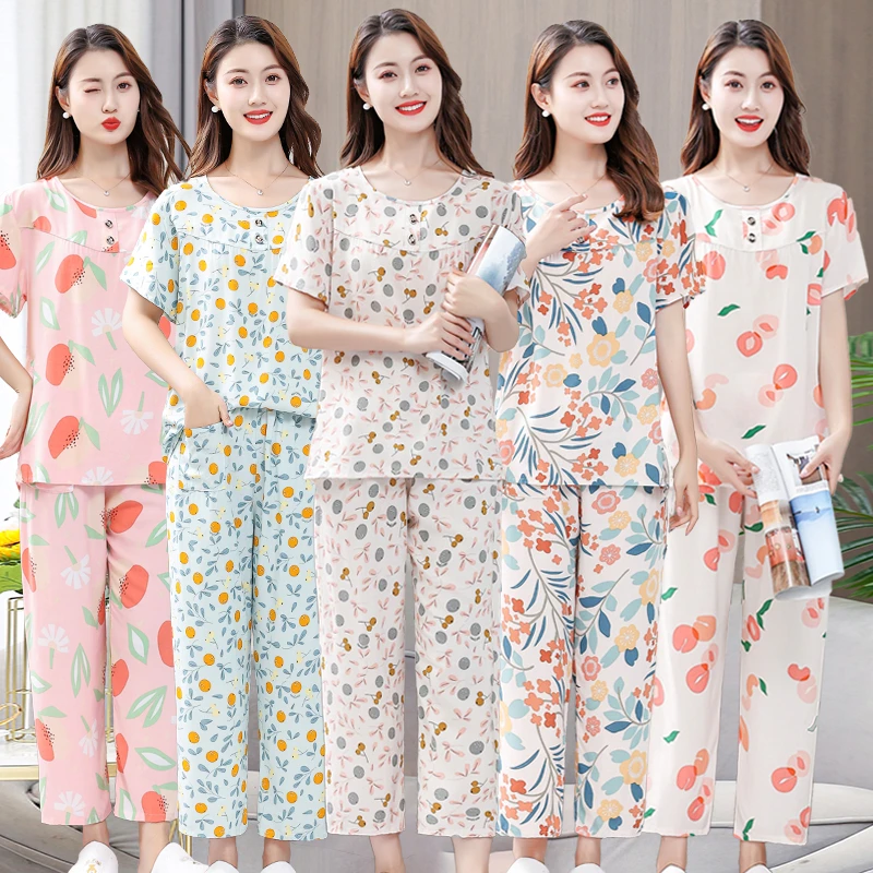中老年妈妈装人造棉短袖长裤家居服两件套棉绸睡衣女夏季薄款套装
