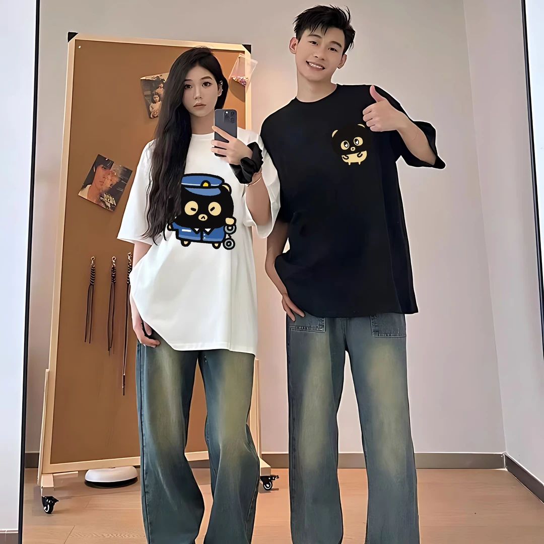 【情侣两件装】新款创意有爱纯棉黑白男女短袖t恤宽松百搭圆领定制