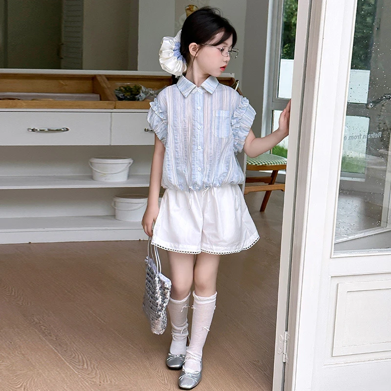 女童韩系套装2025夏新款大童时髦洋气条纹衬衫花边短裤清凉两件套