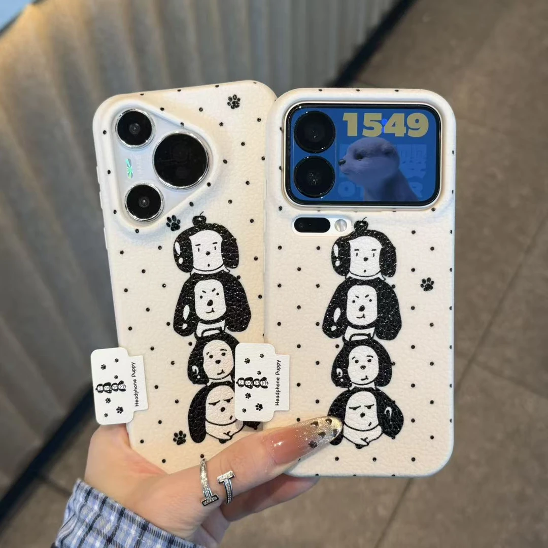 GGBond涂鸦堆叠小狗标签适用苹果16皮纹手机壳小米17vivo华为oppo