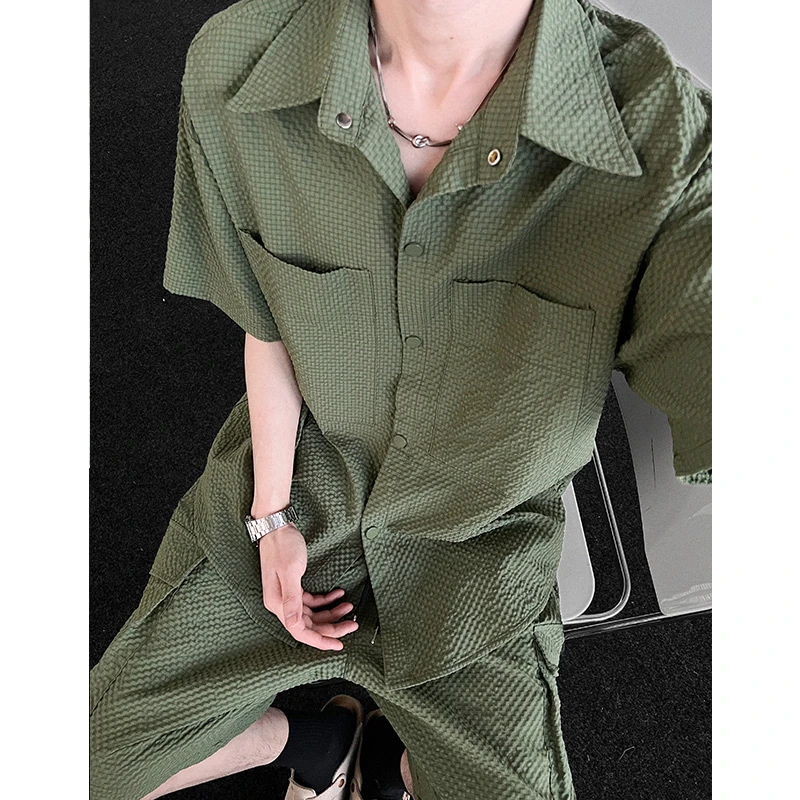 日系少年感泡泡纱短袖衬衫男短裤套装夏季男生酷帅穿搭休闲一整套