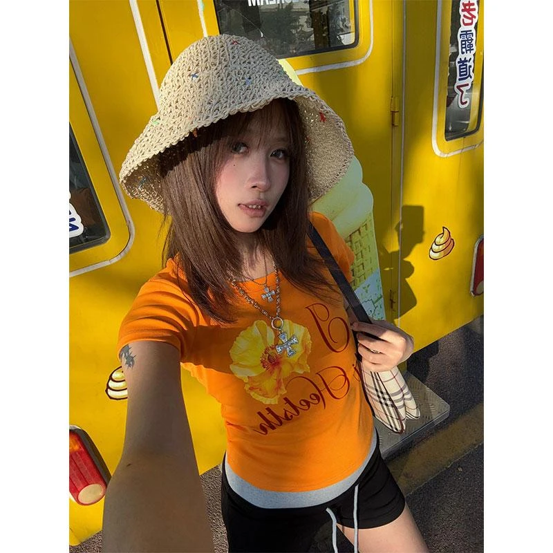 美式辣妹印花短袖t恤女2025夏季设计感小众修身显瘦短款露脐上衣