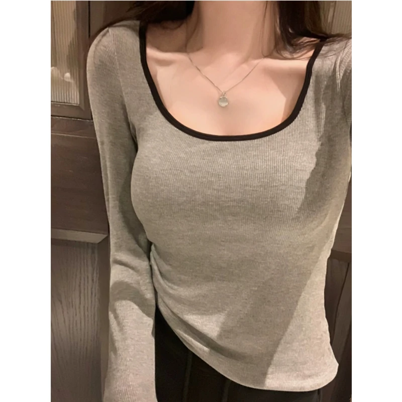 设计感撞色方领长袖t恤女秋冬内搭上衣修身显瘦保暖加绒打底小衫