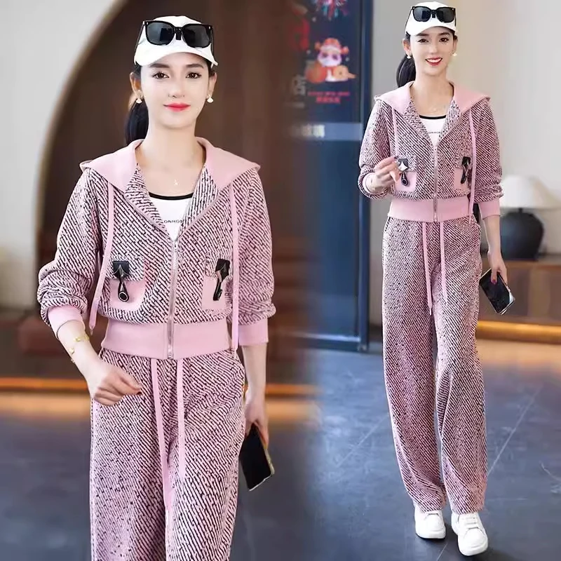 高端休闲运动服套装女春季时尚收腰显瘦连帽开衫卫衣阔腿裤两件套