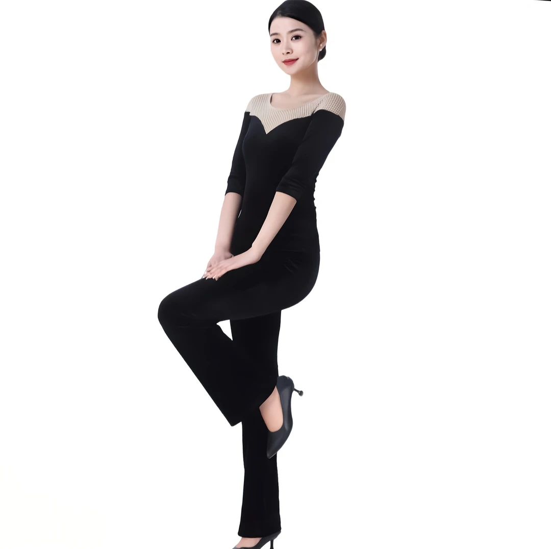 网红镶钻黑色气质网纱形体服舞服优雅连体舞蹈服春秋冬款丝绒中袖