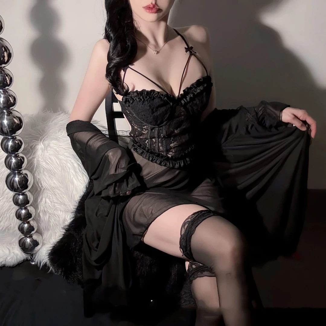 【80-200斤】黑色蕾丝网纱睡裙轻奢带钢圈聚拢带外袍性感镂空