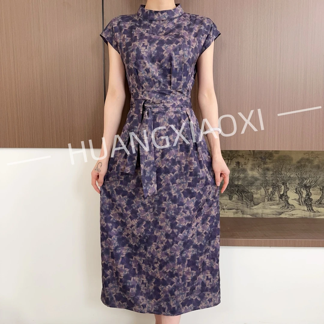 HUANGXIAOXI 紫色抽象木棉花立领短袖连衣裙FC-G21