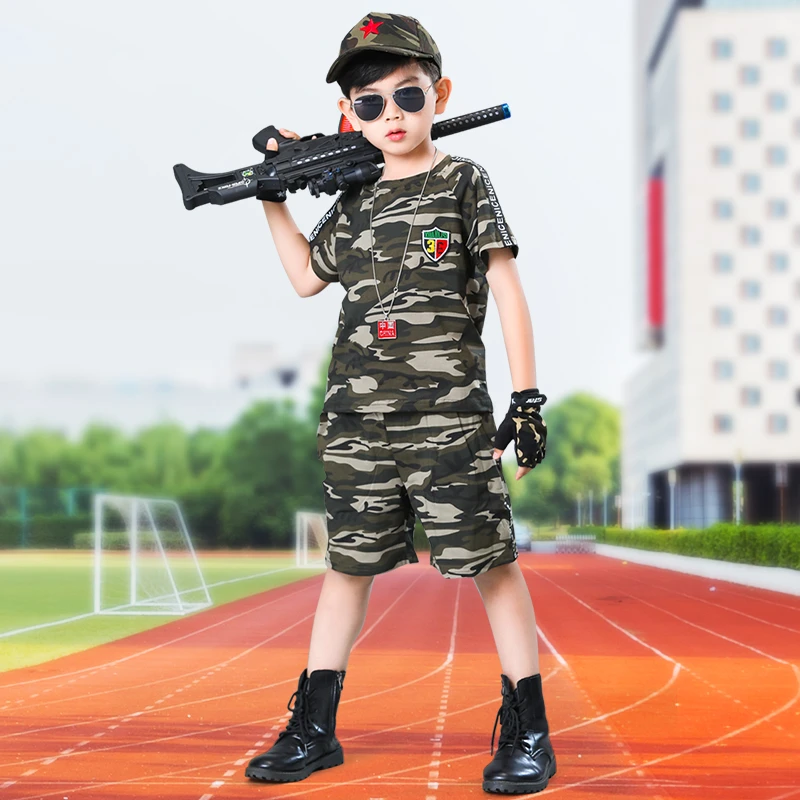 儿童迷彩服套装男童夏装短袖短裤套装警察特种兵中大童军训服军人