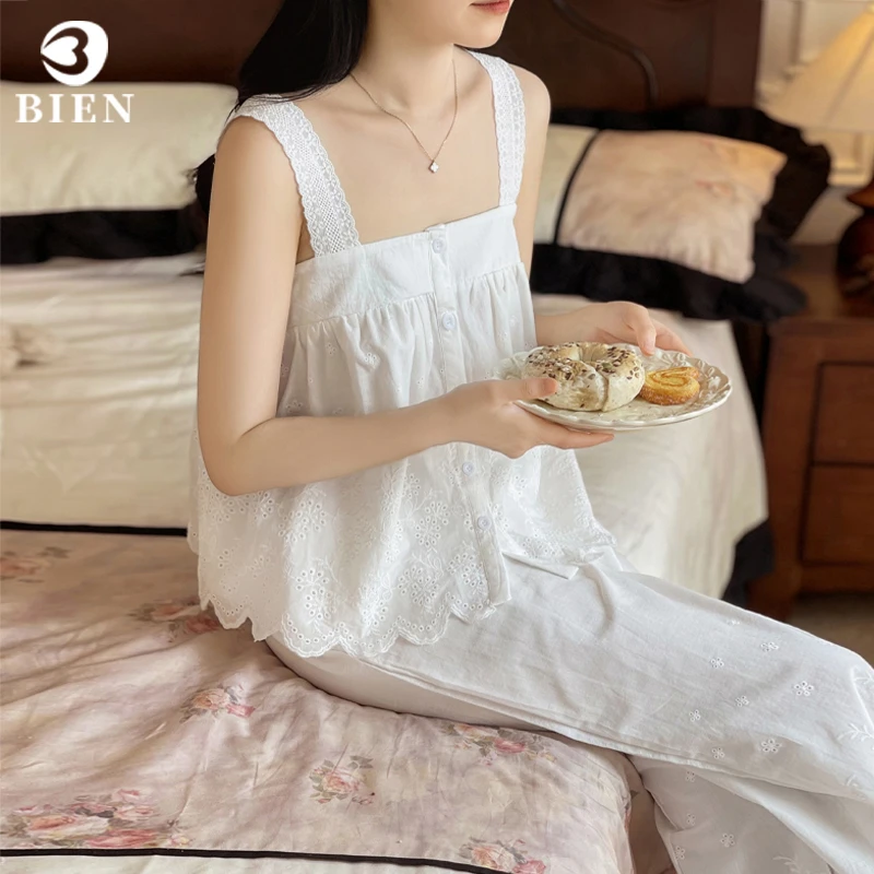 BIEN纯棉睡衣女夏季新款吊带长裤宫廷公主风家居服可外穿甜美套装