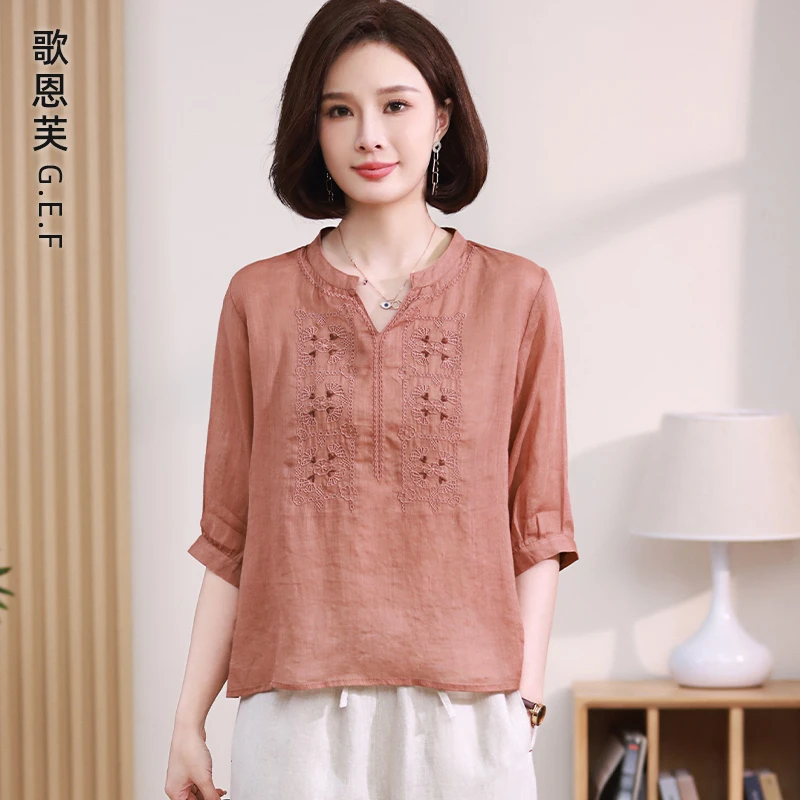 苎麻衬衫女2025夏季新款刺绣上衣高级感轻奢洋气减龄妈妈漂亮小衫