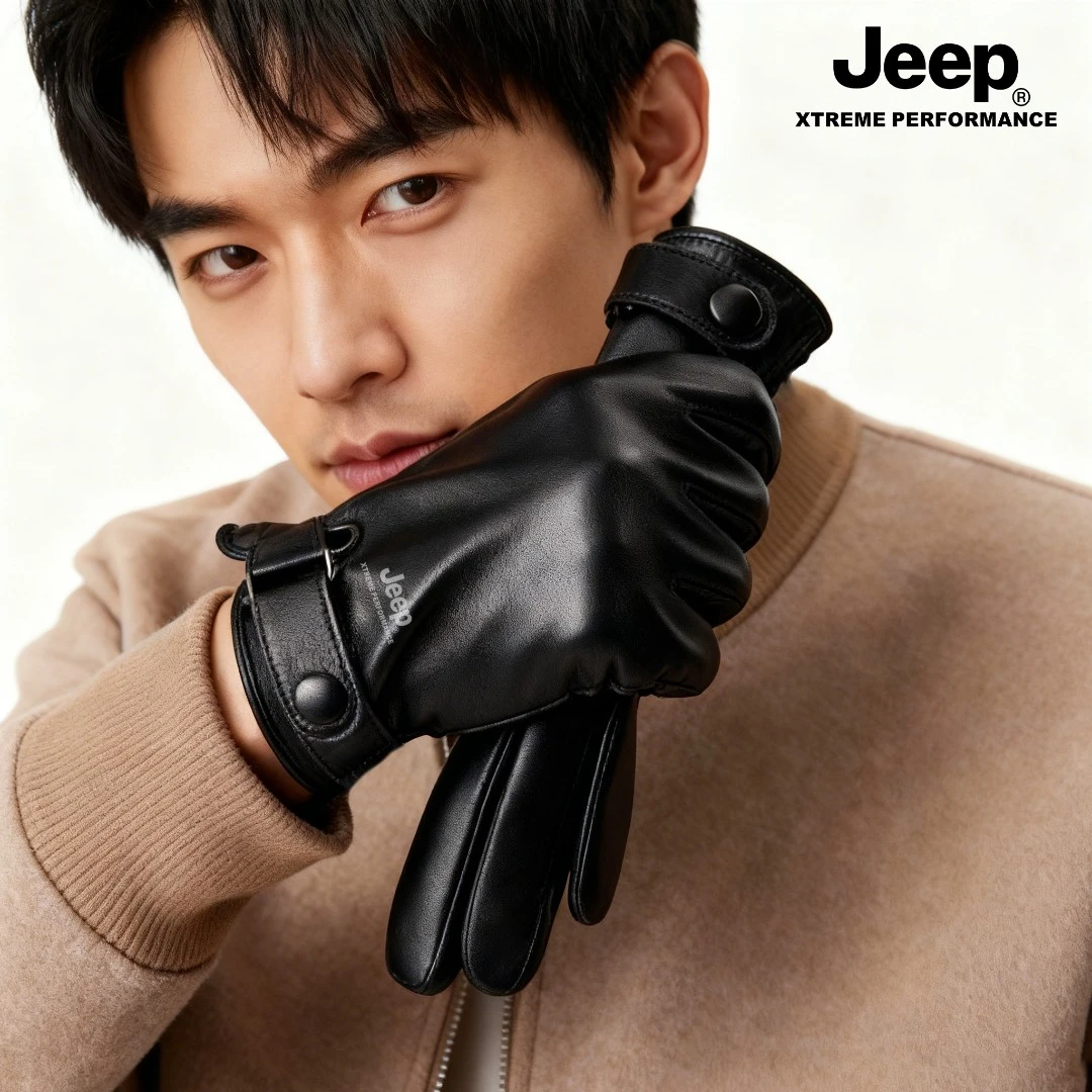 JEEP/吉普皮手套男士秋冬季加绒防风摩托车防水骑行保暖触屏手套