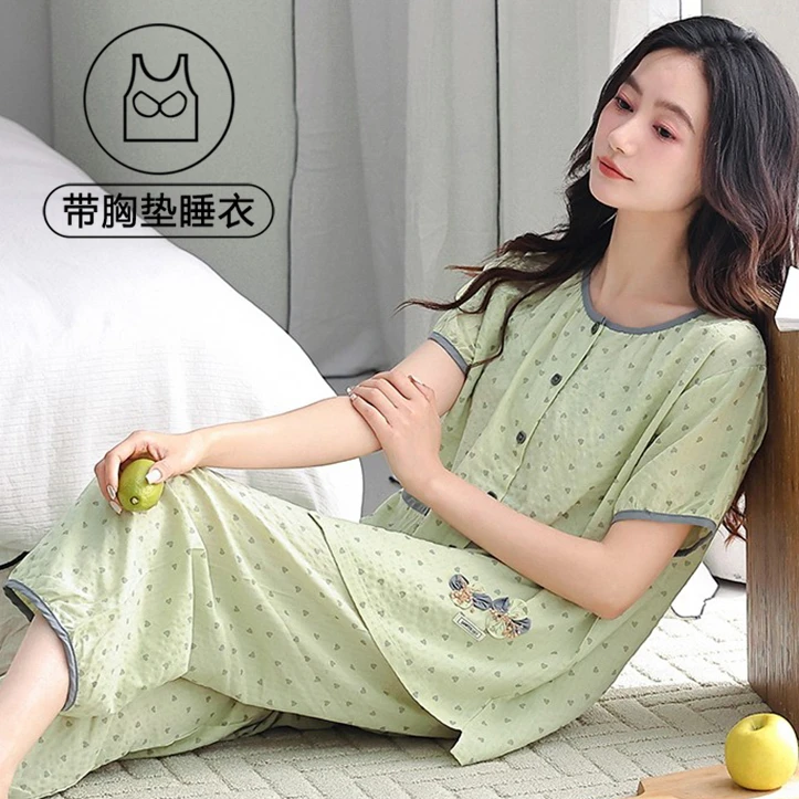 夏季女士睡衣带胸垫开衫短袖七分裤休闲家居服2025年新款时尚套装