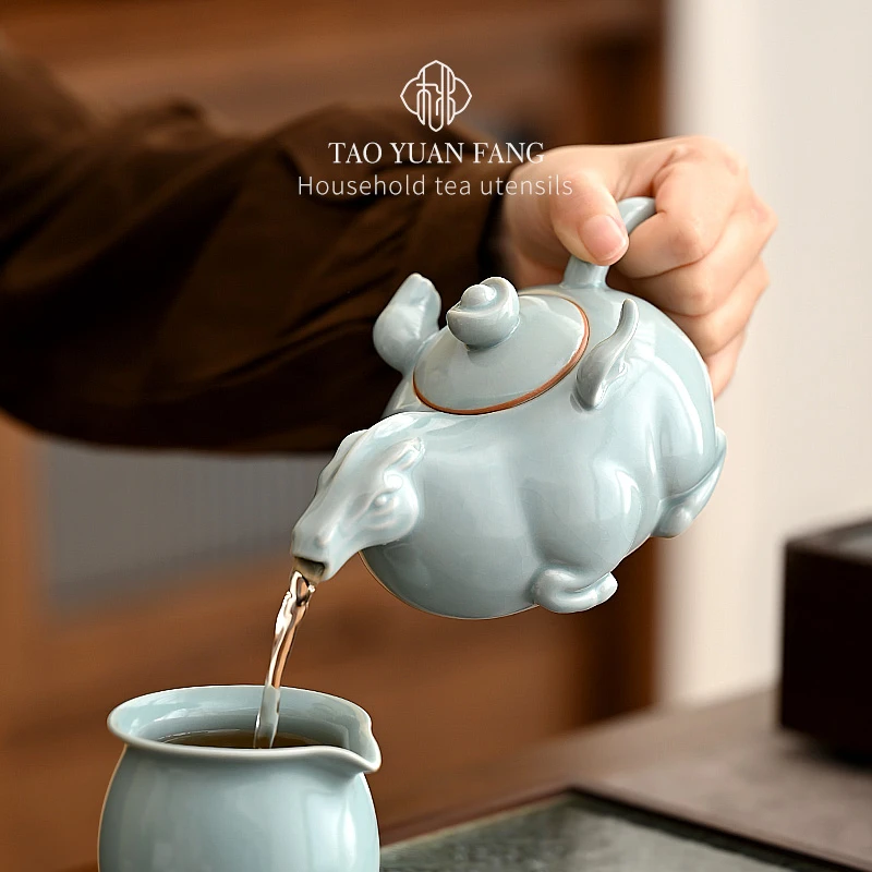 马上有钱茶壶单壶功夫茶具泡茶壶家用汝窑陶瓷一壶两杯喝茶套装