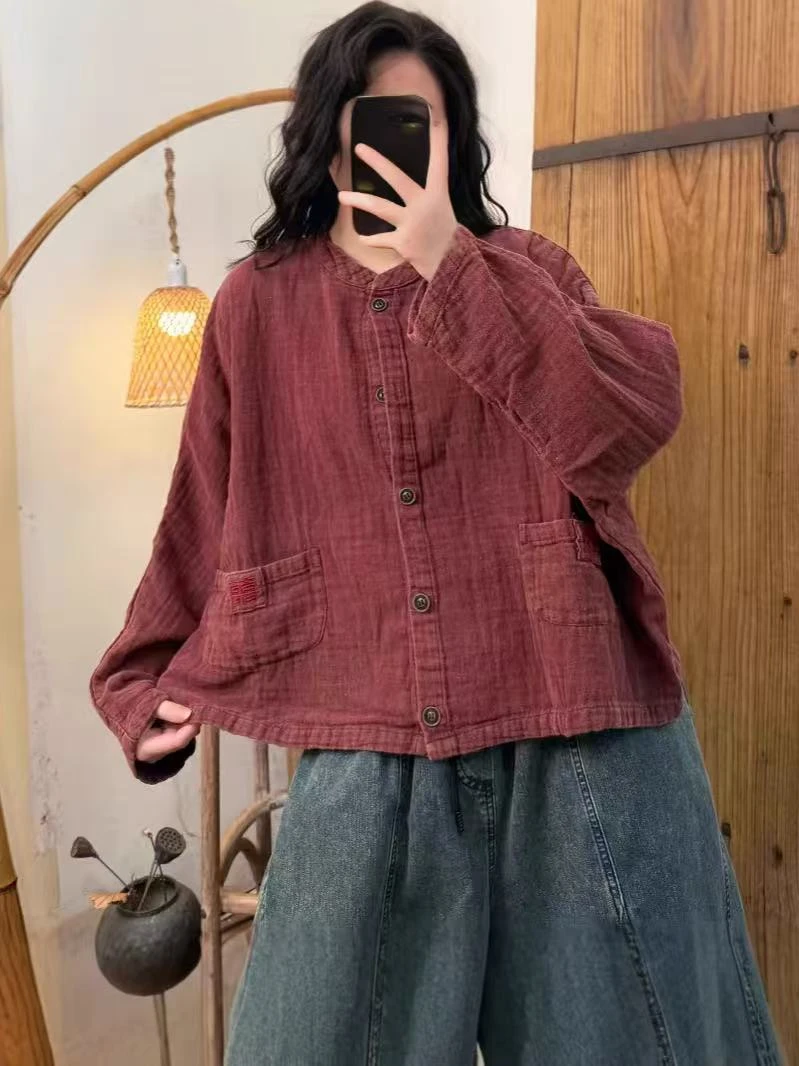 喜字刺绣肌理麻外套女短款2025春新款宽松百搭做旧系扣开衫上衣
