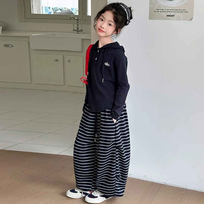 女童春秋连帽卫衣套装2025新款韩版中大童休闲条纹阔腿裤两件套潮