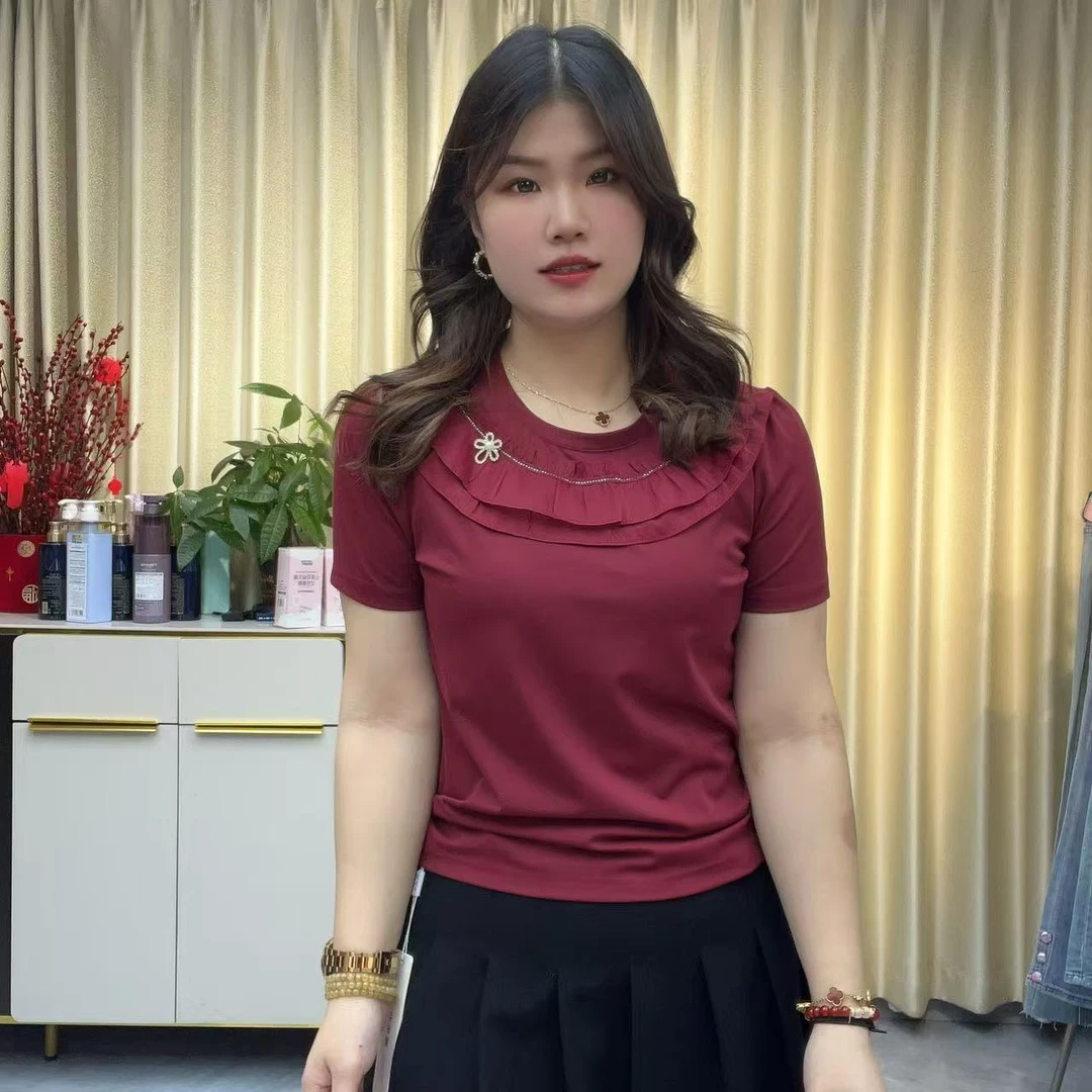 小鑫肝@南韩高货重工花边烫钻装饰气质百搭T恤 8575