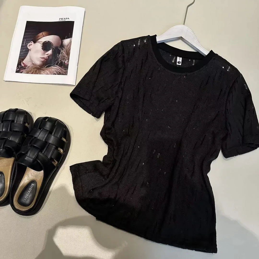 《优麦汇》Y5967夏款圆领设计感百搭短袖显瘦上衣款女