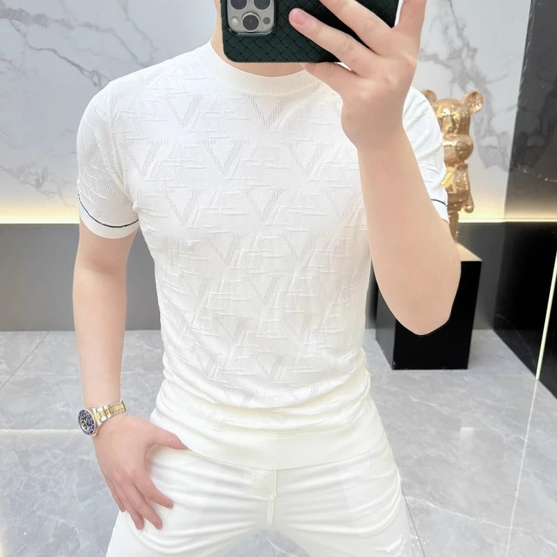 欧货轻奢短袖T恤男士针织冰丝夏季时尚半袖印花上衣修身薄款8075