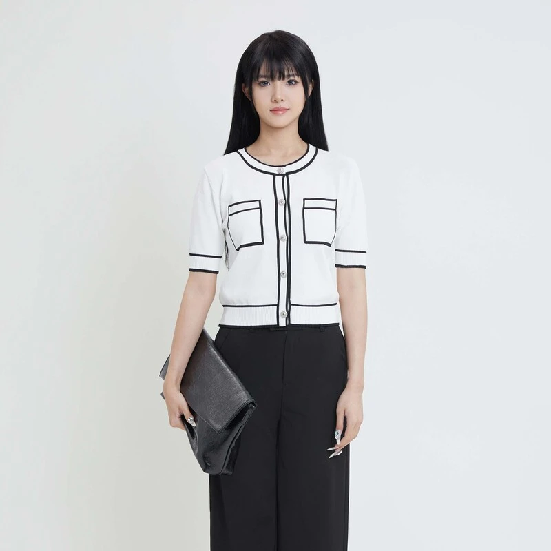 sdeer圣迪奥女装时尚法式优雅圆领撞色修身开衫针织衫S24283501