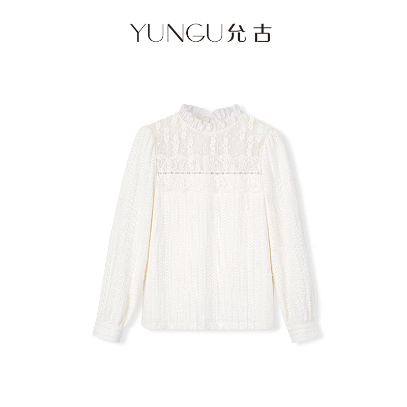 YUNGU允古【F76】【双12年终大促】法式木耳边蕾丝拼接钉珠提花衬衫D