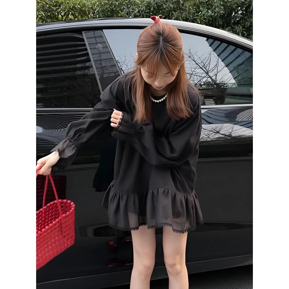 Qiong人手款！中长款荷叶边蕾丝薄款长袖t恤女早春宽松设计感上衣