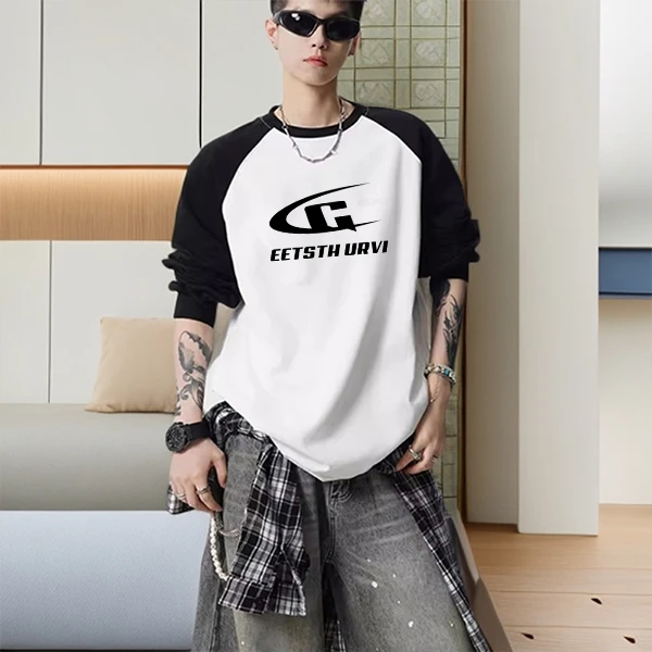 2025年美式拼色插肩袖长袖纯棉t恤宽松内搭打底衫休闲废土风男装