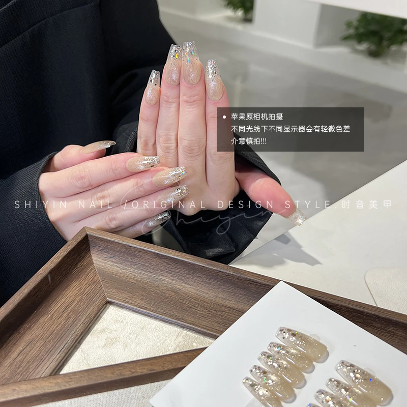 A312 香槟金闪美甲时音纯手工穿戴甲定制可拆卸成品甲片指甲贴