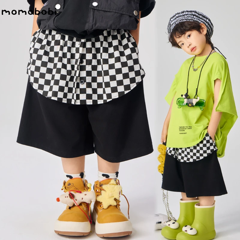 momobobi自制新款儿童短裤韩版个性百搭假两件格子拼接腰裙五分裤