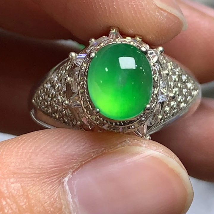 翡翠未镶嵌戒指高冰黄阳绿戒面