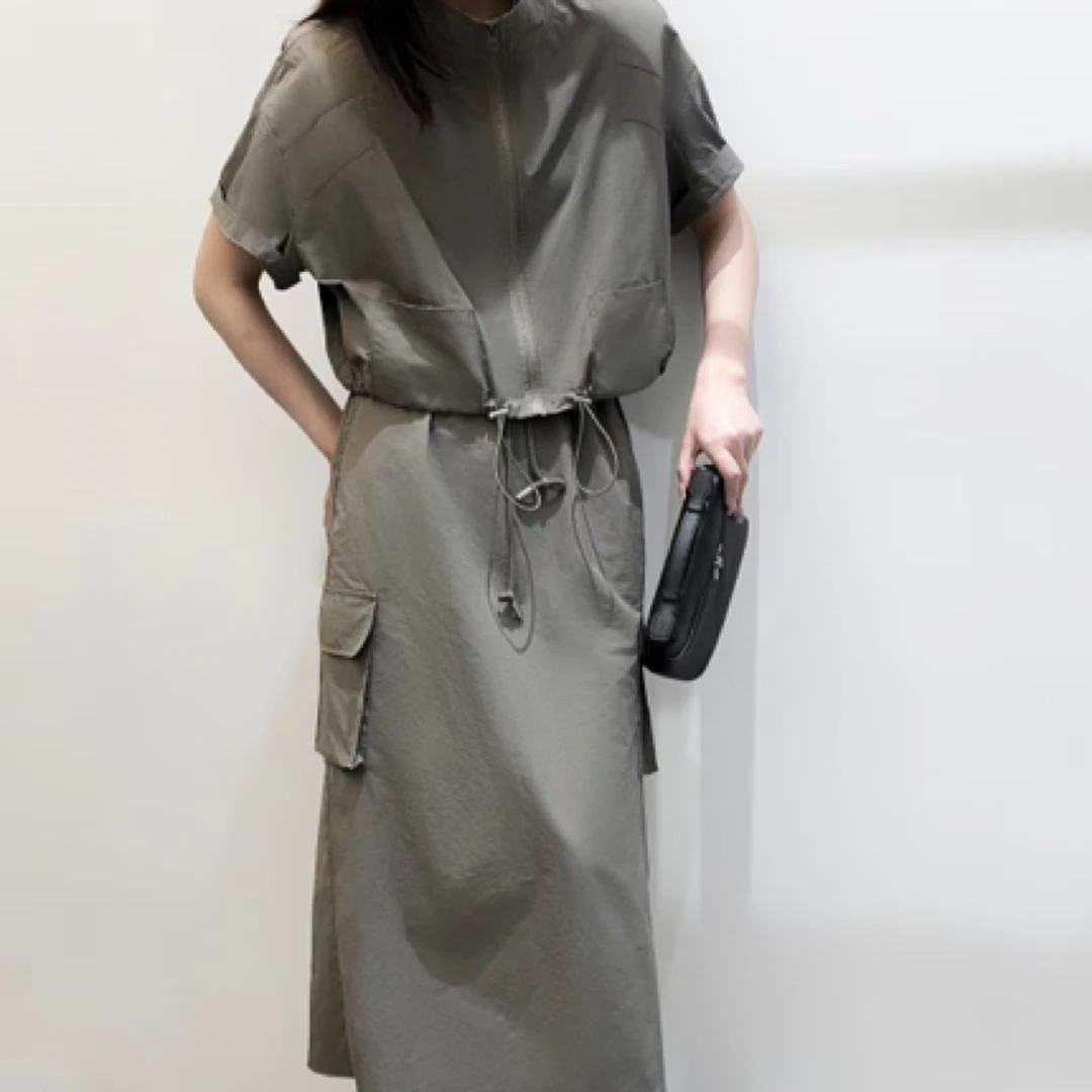 显瘦百搭连衣裙时尚套装系带抽绳潮流夏季中长款时尚收腰韩版