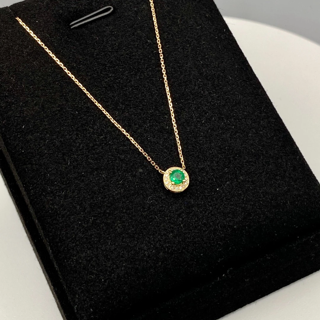 18K黄 复古镶嵌祖母绿钻石项链 经典小灯泡时尚轻奢高级绿色宝石