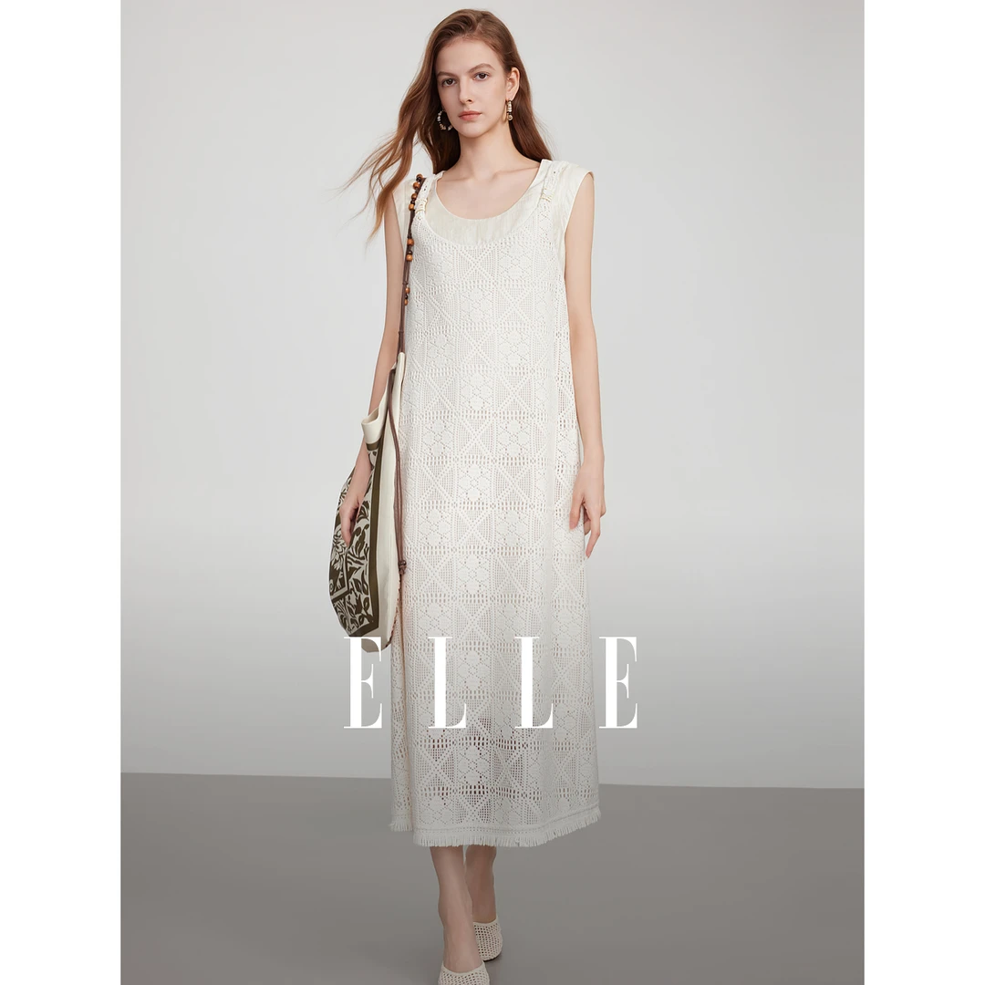 ELLE法式假两件蕾丝镂空无袖连衣裙女2025夏季新款EL52387