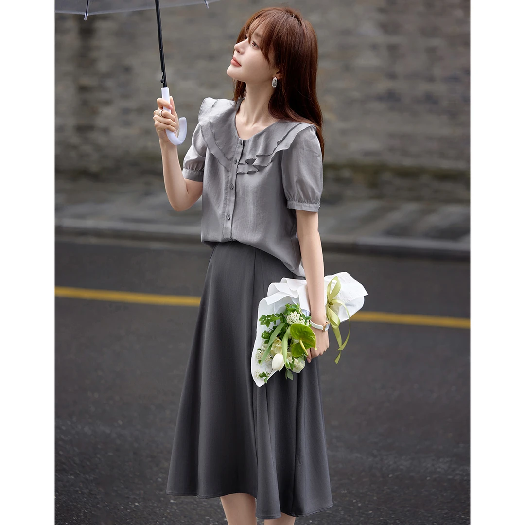沫晗依美2025夏莱赛尔天丝上衣通勤半裙两件套气质显瘦套装1597