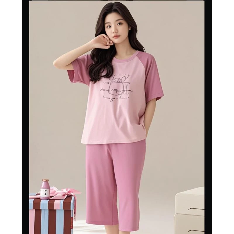 胸垫版睡衣女夏季纯棉短袖七分裤休闲可外穿家居服套装（粉紫字母）