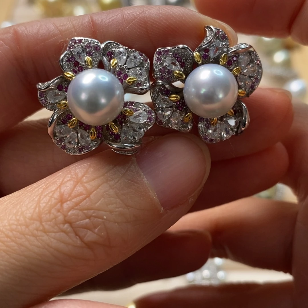 海水珍珠耳饰银S925镶嵌