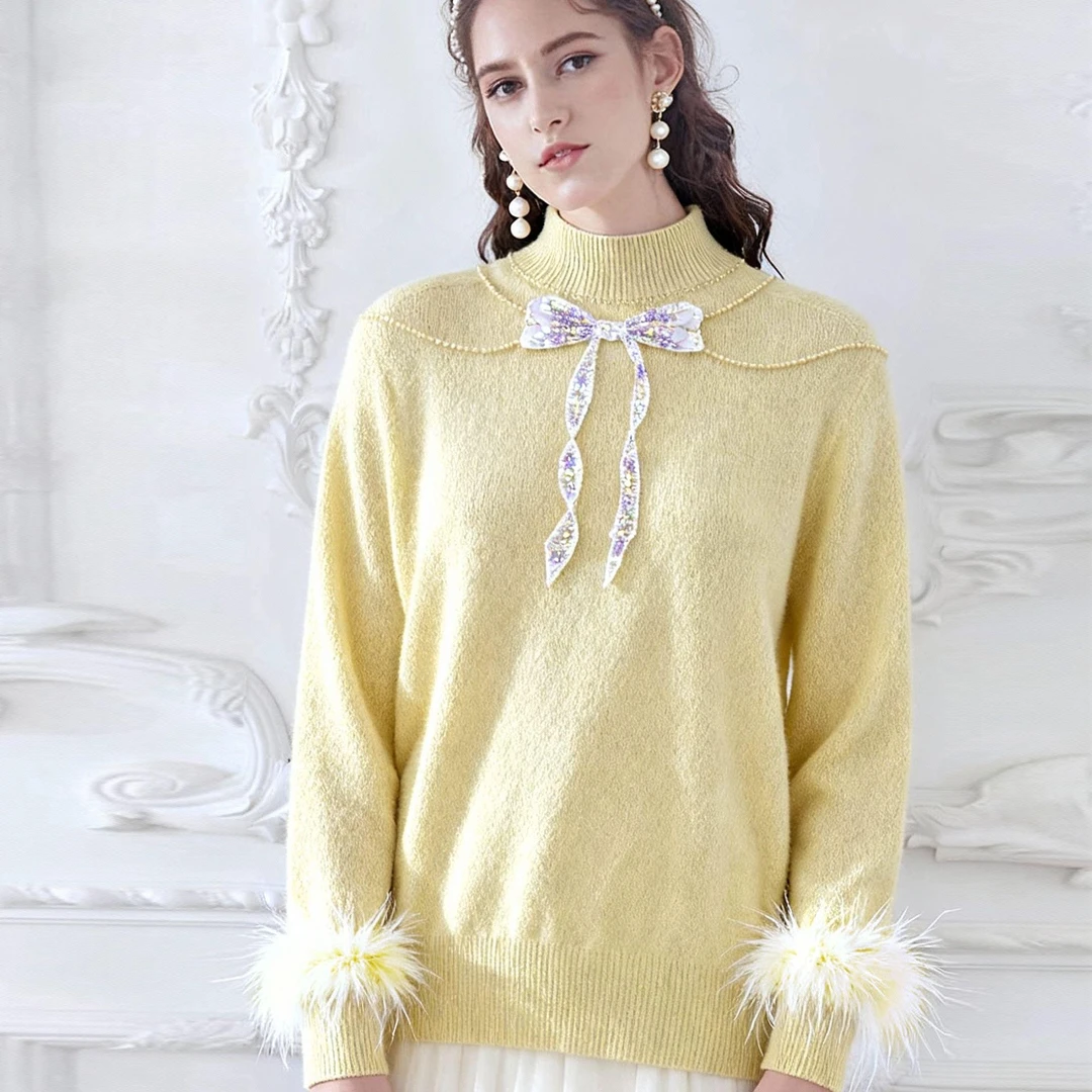 MeByMarieElie【萤火微光】时尚气质重工钉珠蝴蝶结毛衣EAF44E34740