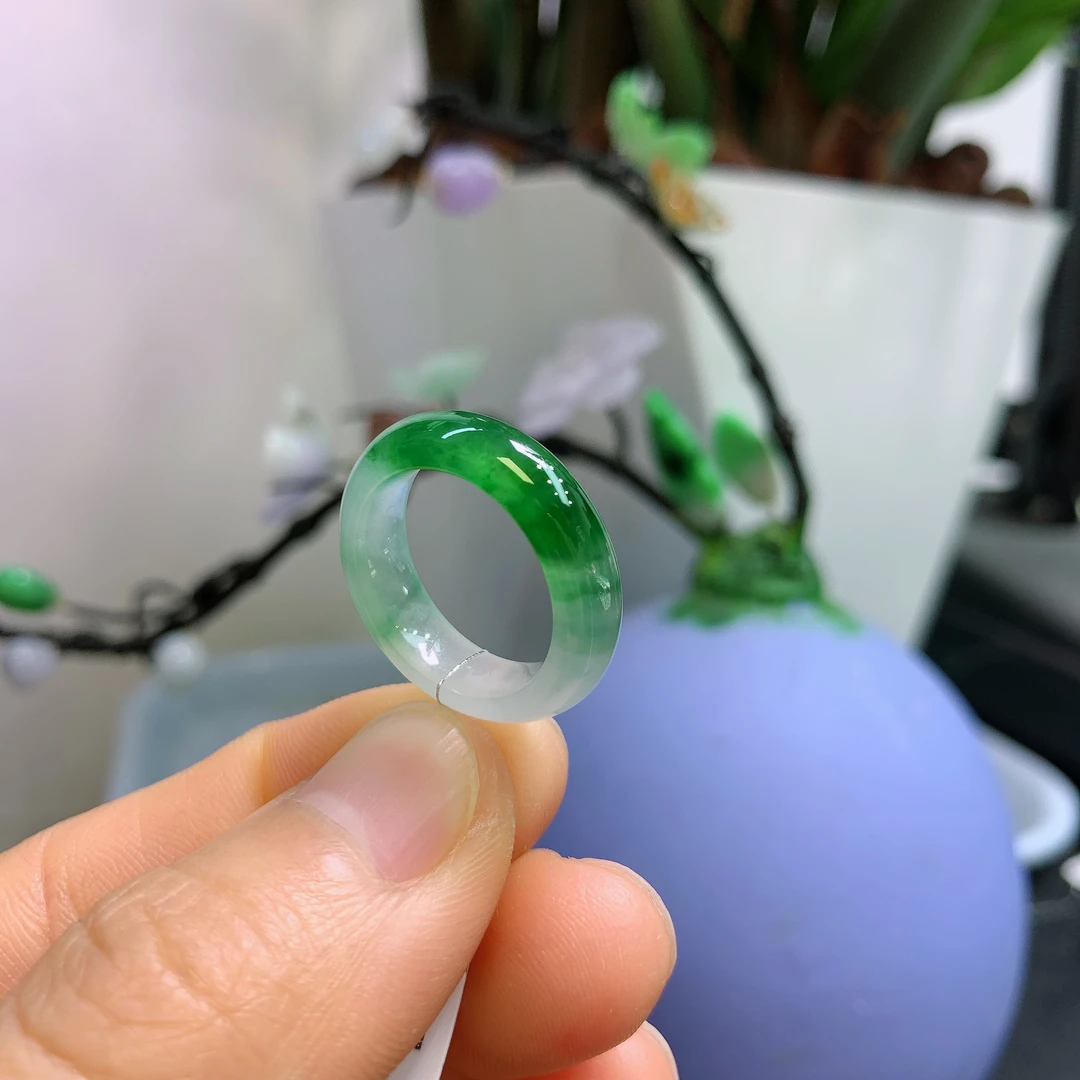 11-12圈口缅甸天然翡翠A货冰辣绿半山水戒指A43#