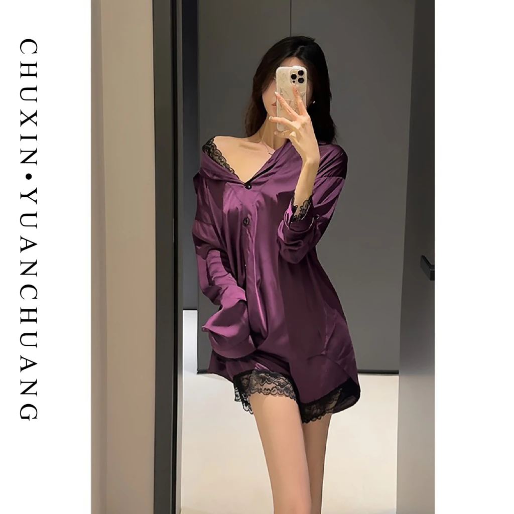 【富婆紫】蕾丝衬衫裙睡衣女款2025新款性感收腰显瘦长袖纯欲小众