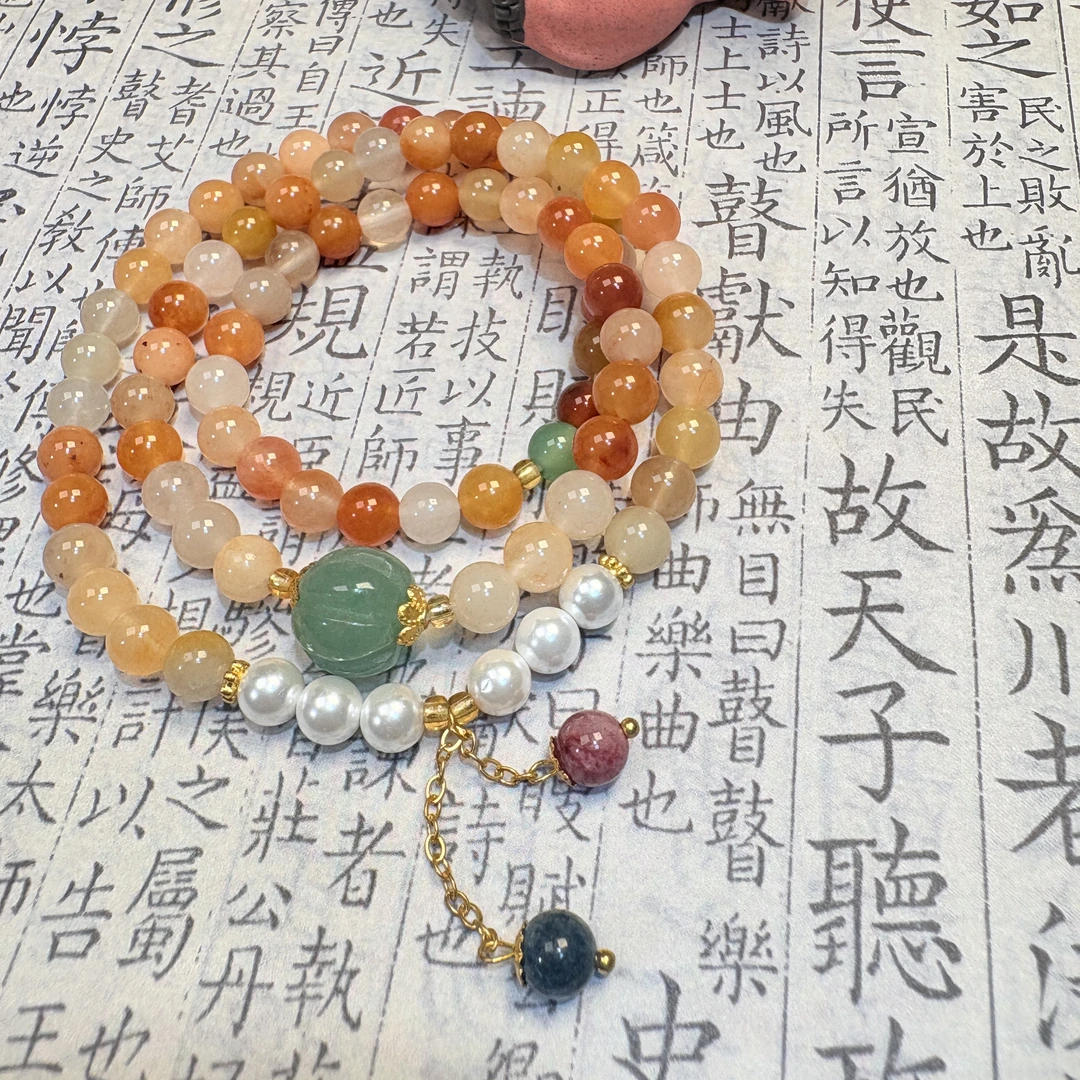 三圈石英质玉金丝玉手串6mm搭配吊坠手链J2802多样性发一