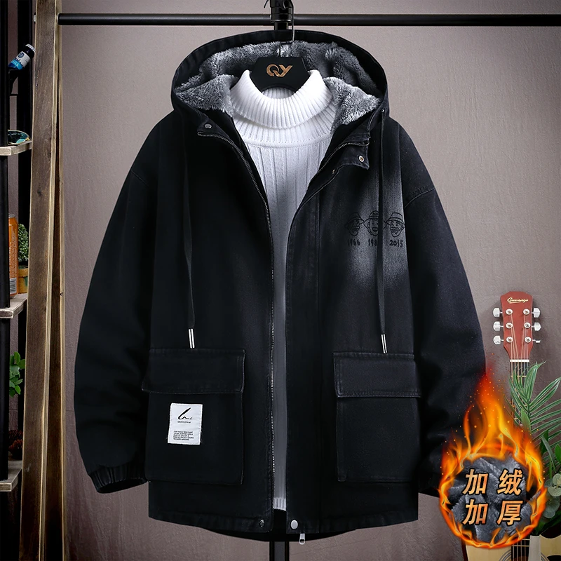 秋冬男生美式新款潮流宽松牛仔外套上衣印花加绒加厚百搭连帽夹克