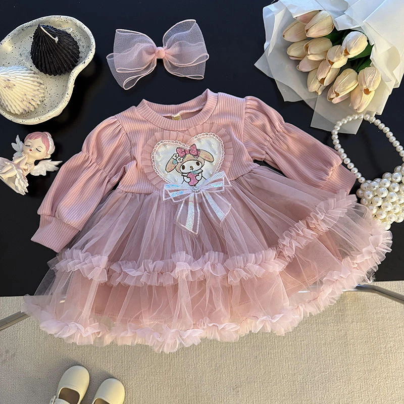 女童2025春季新款长袖甜美纱裙春装女宝宝洋气公主裙小女童连衣裙