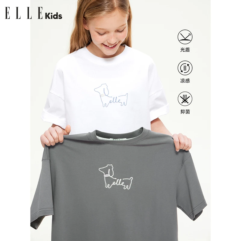 ELLE KIDS经典腊肠狗短袖T恤女童春季新款光盾凉感学院风上衣S3